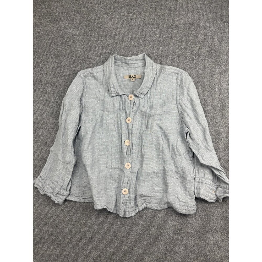 FLAX Shirt Womens Medium Gray 100% Linen Textured Button Front 3/4 Sleeve Top